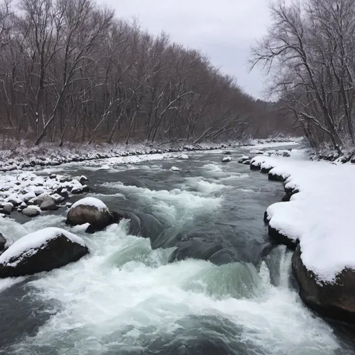 Prompt: White water river in winter.