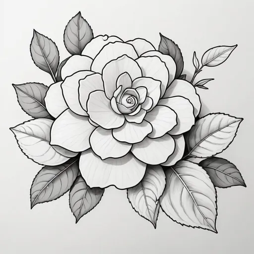 Prompt: Line art sketch of a camelia and rose with one free hand organic shapes in the background, white and silver color palette, soft colors