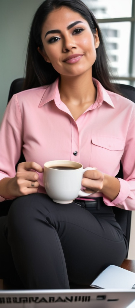 Prompt: a woman in a pink shirt and black pants sitting at a desk with a laptop computer and a cup of coffee, Araceli Gilbert, sumatraism, half body shot, a stock photo