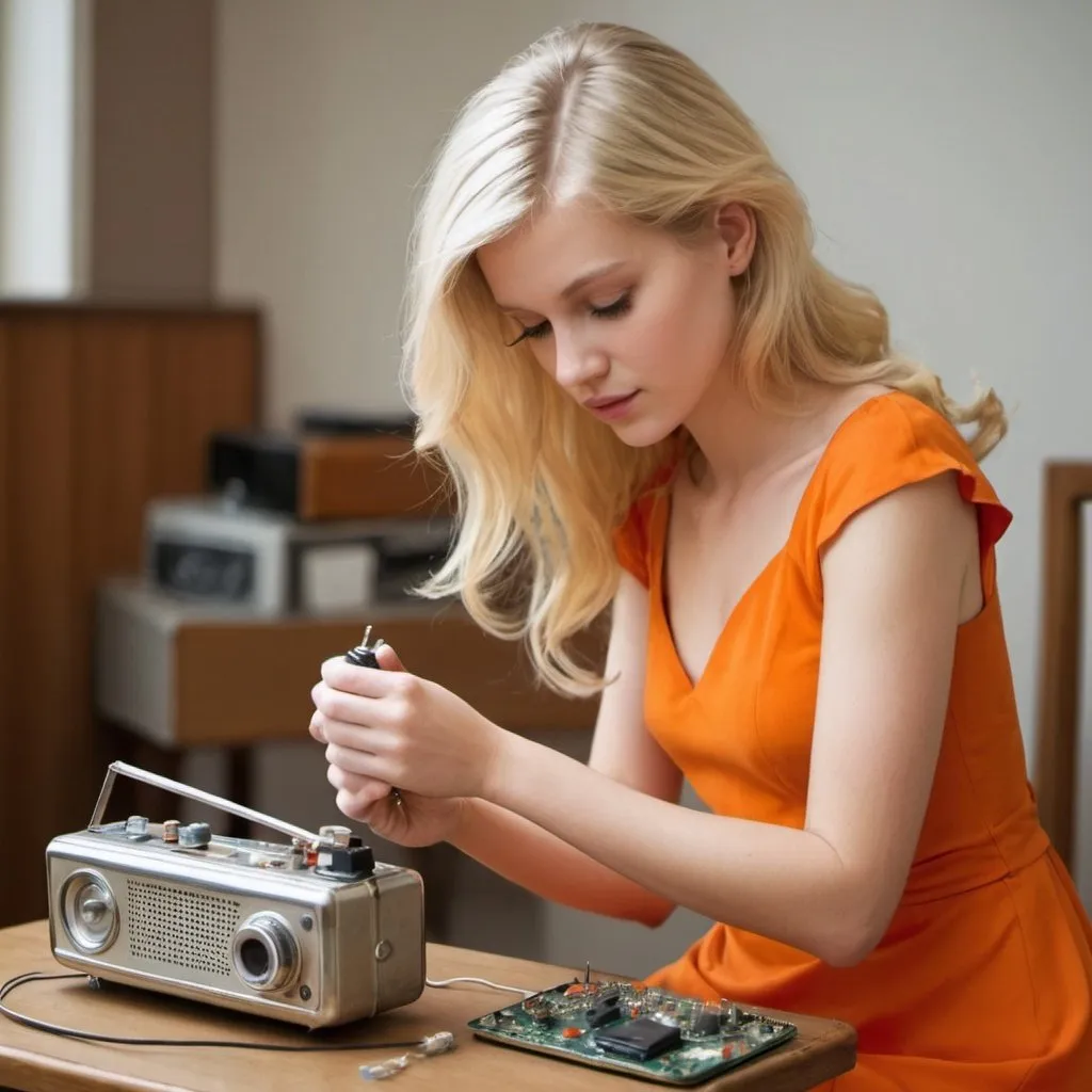 Prompt: Please create a photo of a beautiful blond girl in an orange dress, repairing a transistor radio.