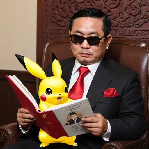 Prompt: Please create a photo of a Thai mafia boss reading poems to a giant picatchu. Thank you.