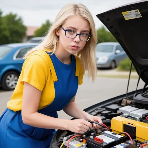 Prompt: Please create a photo of a blond female student with an asymmetric mouth and glasses recharging an empty car battery. She is wearing a blue dress and yellow top.