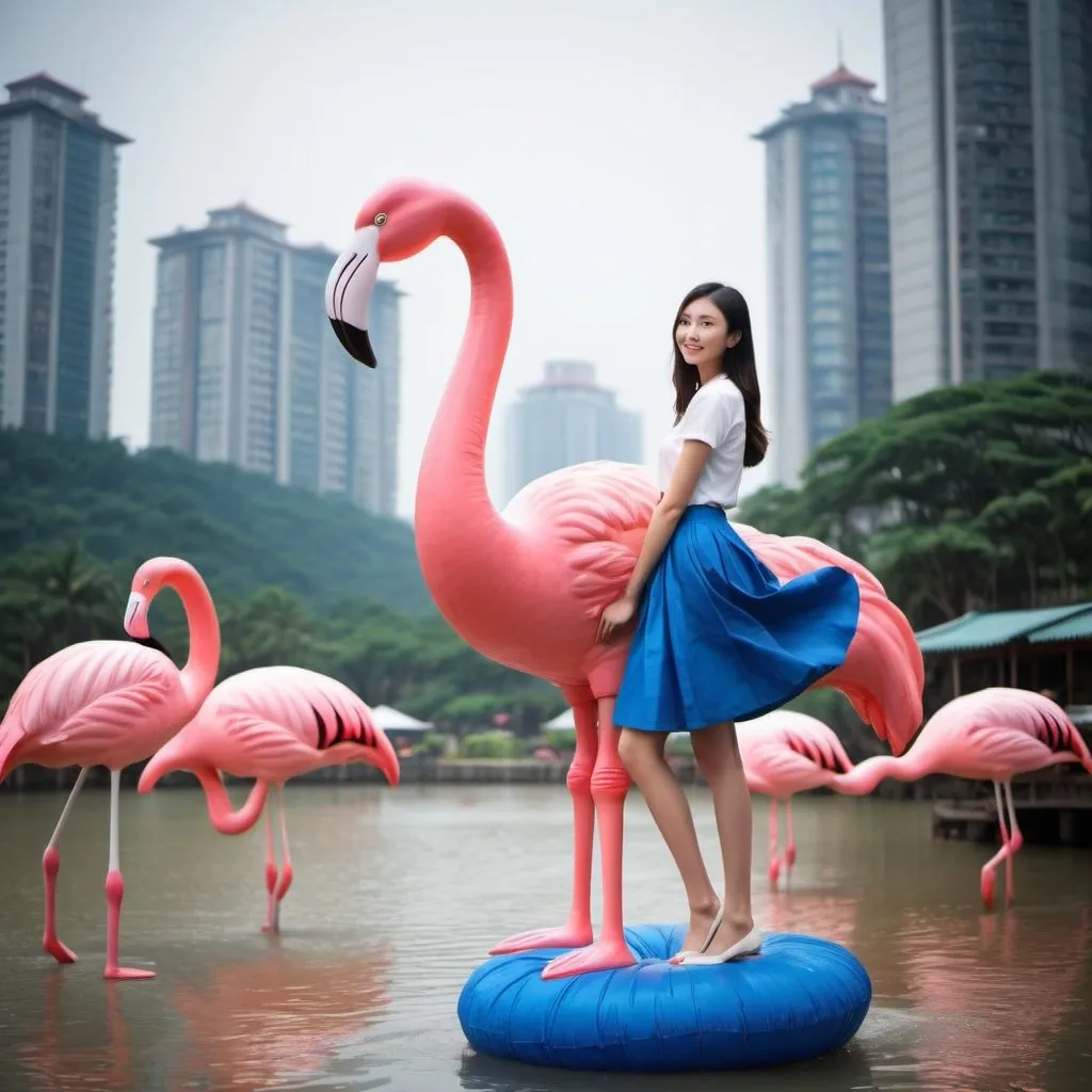 Prompt: Please create a photo of a beautiful tall Taiwanese girl in a blue skirt riding on a giant flamingo. The flamingo is flying at flight level 30.