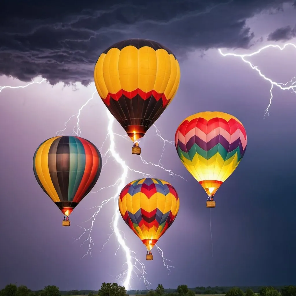 Prompt: Please create a photo of three colorful hot-air balloons flying through a thunderstorm with lightning on different height levels. Thank you!