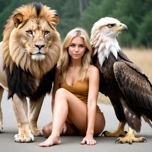 Prompt: Please create a photo of a creature with the body of a lion, the face of a beautiful blond girl, and the feet of an eagle.