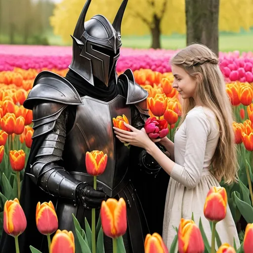 Prompt: Please create a photo of The Dark Lord Sauron in full armour handing over a bunch of colorful tulips to a beautiful Hobbit girl.