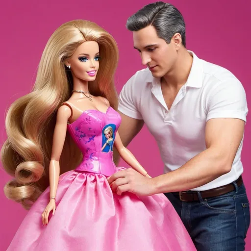 Prompt: Please create a photo of a sigma male brishing the hair of a huge Barbie doll. Thank you!