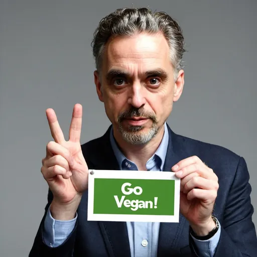 Prompt: Please create a photo of Jordan Peterson holding a transparent with the words "GO VEGAN!!"