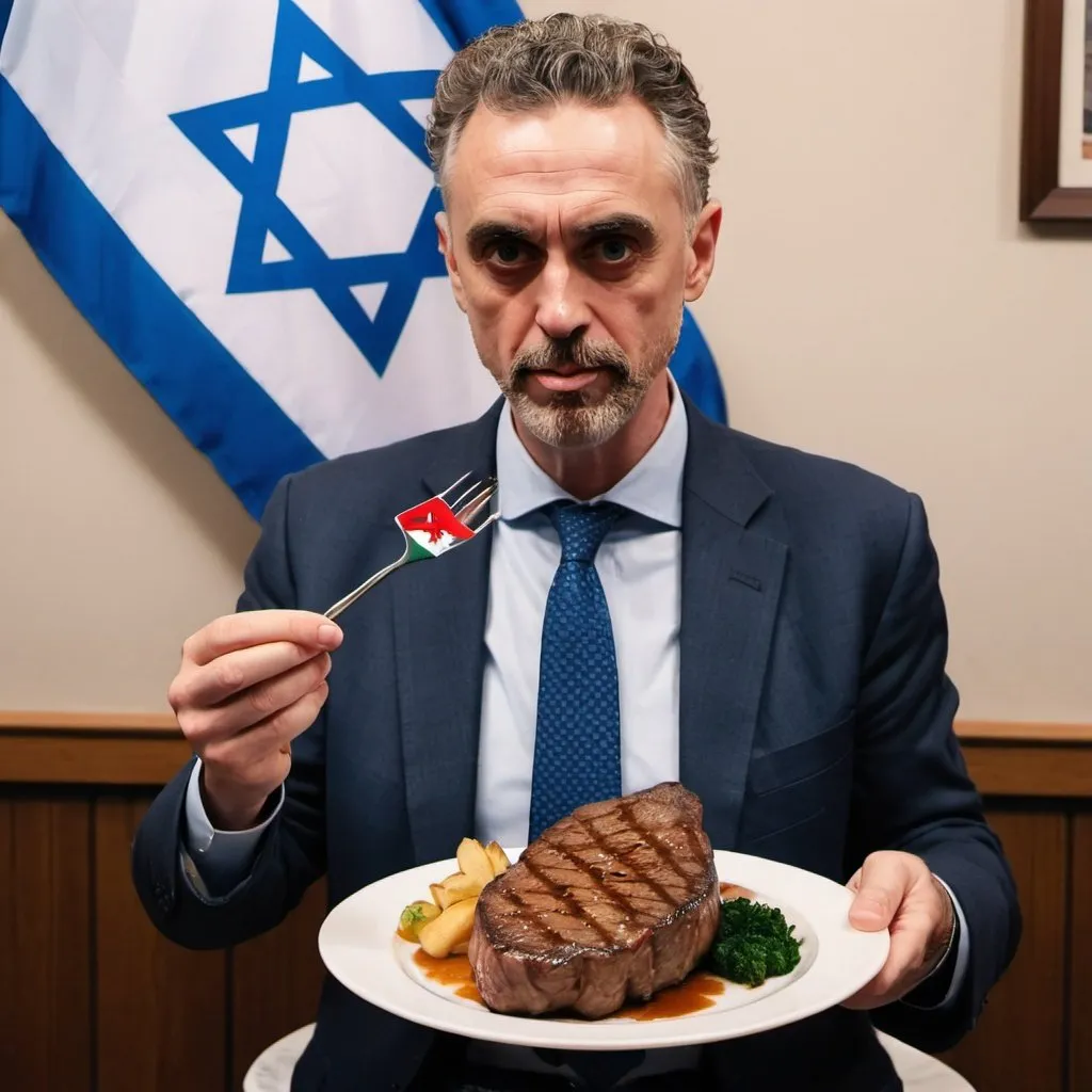 Prompt: Please create a photo of Jordan Peterson serving a plate with a steak. There is a stick sticking inside the steak with an Israel flag attached to it. Thank you!
