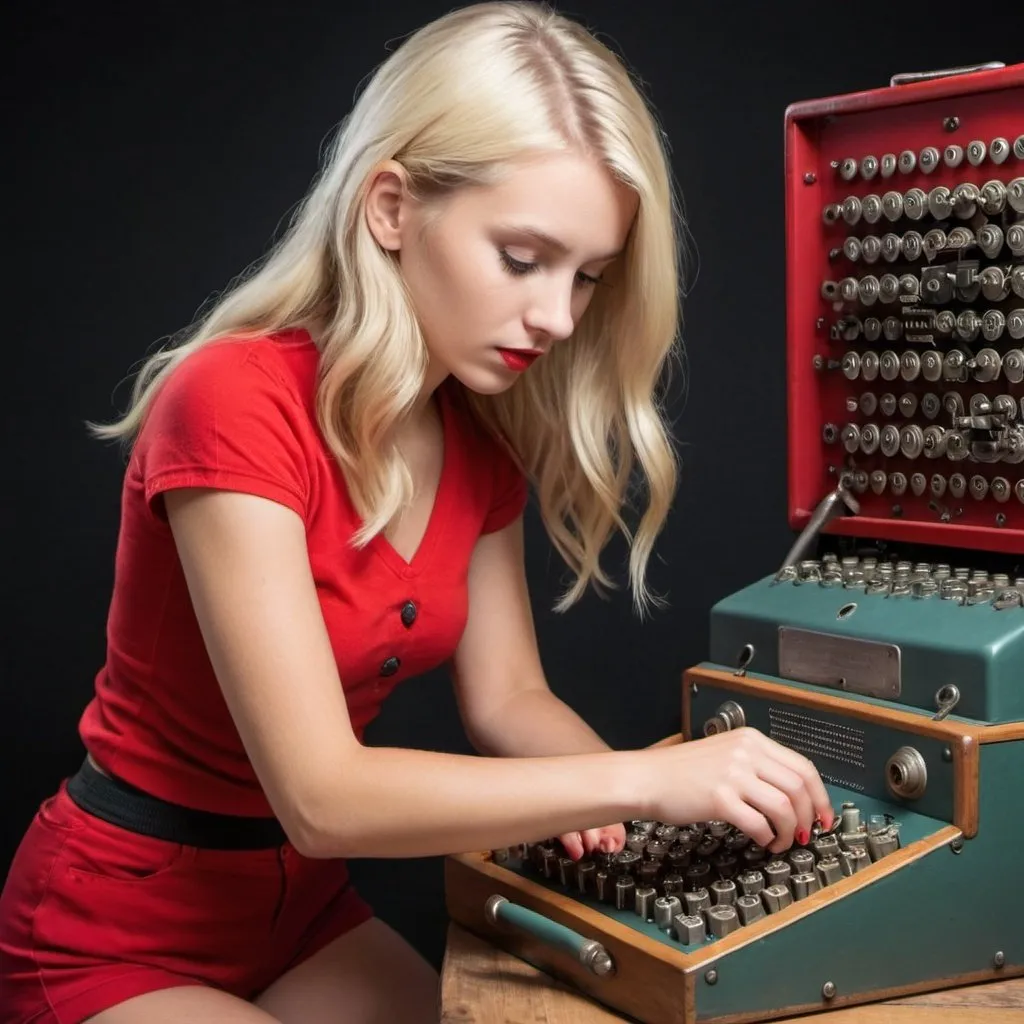 Prompt: Please create a photo of a beautiful blond girl in red shorts operating an Enigma machine.