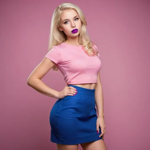 Prompt: Please create a photo of a beautiful blond girl with purple lipstick in a blue skirt and a pink top. Show her full body.