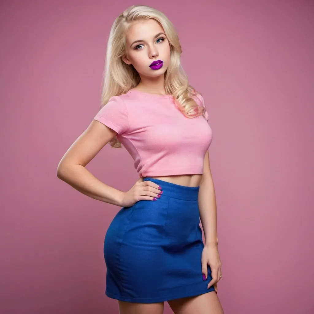 Prompt: Please create a photo of a beautiful blond girl with purple lipstick in a blue skirt and a pink top. Show her full body.