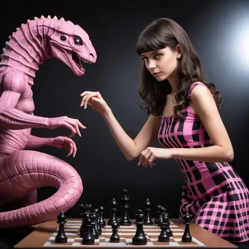 Prompt: Please create a photo of a beautiful bunette girl in a black and pink checkered dress, playing chess against a reptiloid alien.