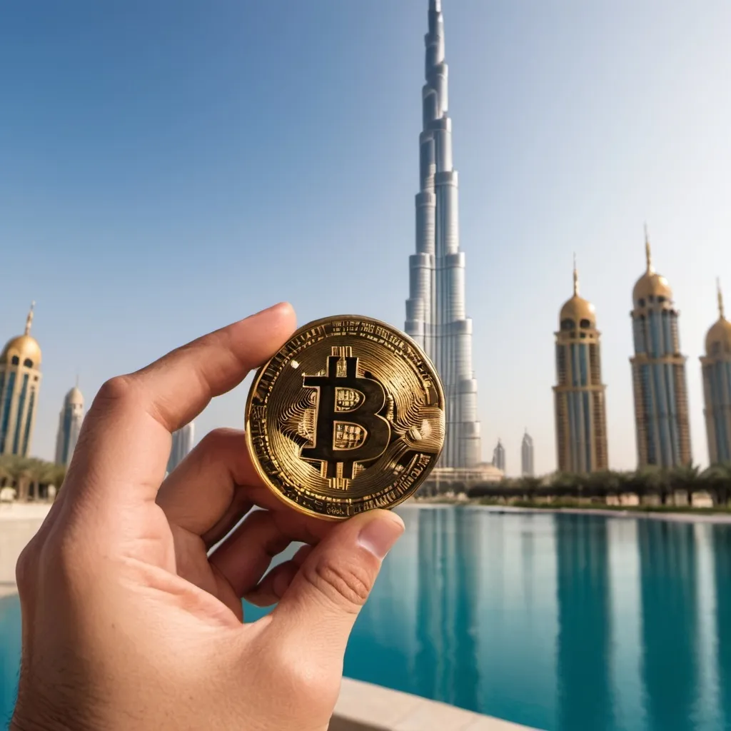 Prompt: Show a person holding bitcoin in front of burj khalifa of Dubai.