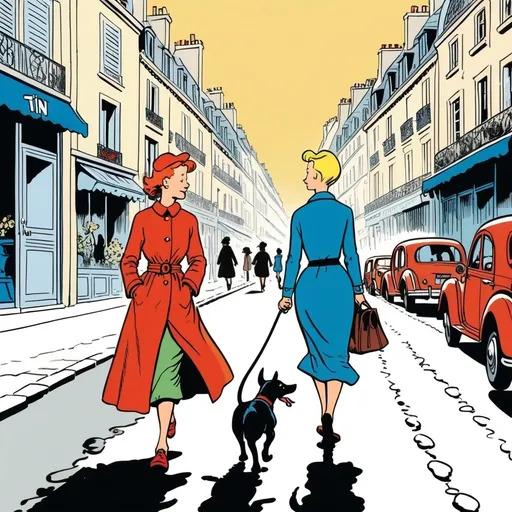 Prompt: woman walking with her dog in Paris, 2d comic book panel, in the style of Tintin by Hergé