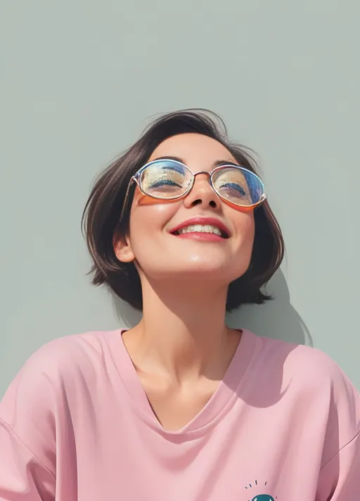 Prompt: 2d flat art, a woman wearing cat eye goggles, vector art, sunny day, cover art, bright colors, cute illustration