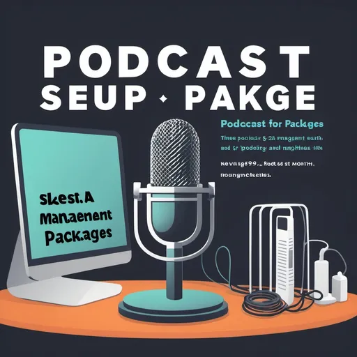 Prompt: A professional, eye-catching sales image for a podcast setup service. The image includes text that reads 'Podcast Setup for $297' and 'Monthly Management Packages Start at $97/month.' The design should be modern and clean, with a focus on digital media and podcasting themes. Incorporate podcast-related elements like a microphone, headphones, and a mixing board. Use a color scheme that feels trustworthy and appealing, with a blend of navy blue, white, and a touch of bright accent color. The text should be bold and easy to read, with a layout that guides the viewer's attention to the pricing details.