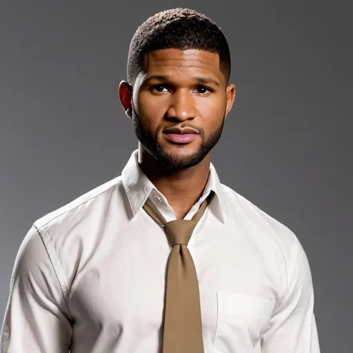 Prompt: Make a photo-realistic image of a man. This man is french. He has the face of pop artist Usher. He is wearing a name-tag written "LOGAN". He is wearing a white button-down shirt and khaki pants. He is 6Ft. Tall with brown comb-over hair. 