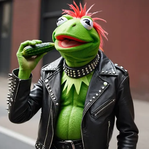 Prompt: Punk Rockstar kermit the frog with long semi mohawk,holding a whole large long cucumber, wearing bold metal choker and leather jacket with studs