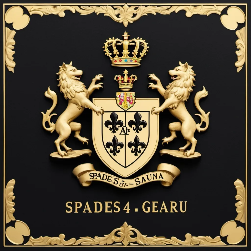Prompt: Black Card with Ghent's coat of arms, the text "Spades4GentS", all in gold print, small border ,number 4 in the corners off the card, card refers to a name off a gay sauna 