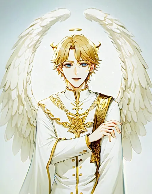 Prompt: anime, man, 28 years old, face like an angel, expression smiling softly like an angel, gaze soft but seems empty, dark blue eyes, pale blonde hair, medium length hairstyles, wavy hair, pale skin, clothes like the king's advisor in fantasy kingdom. Pose just standing naturally.