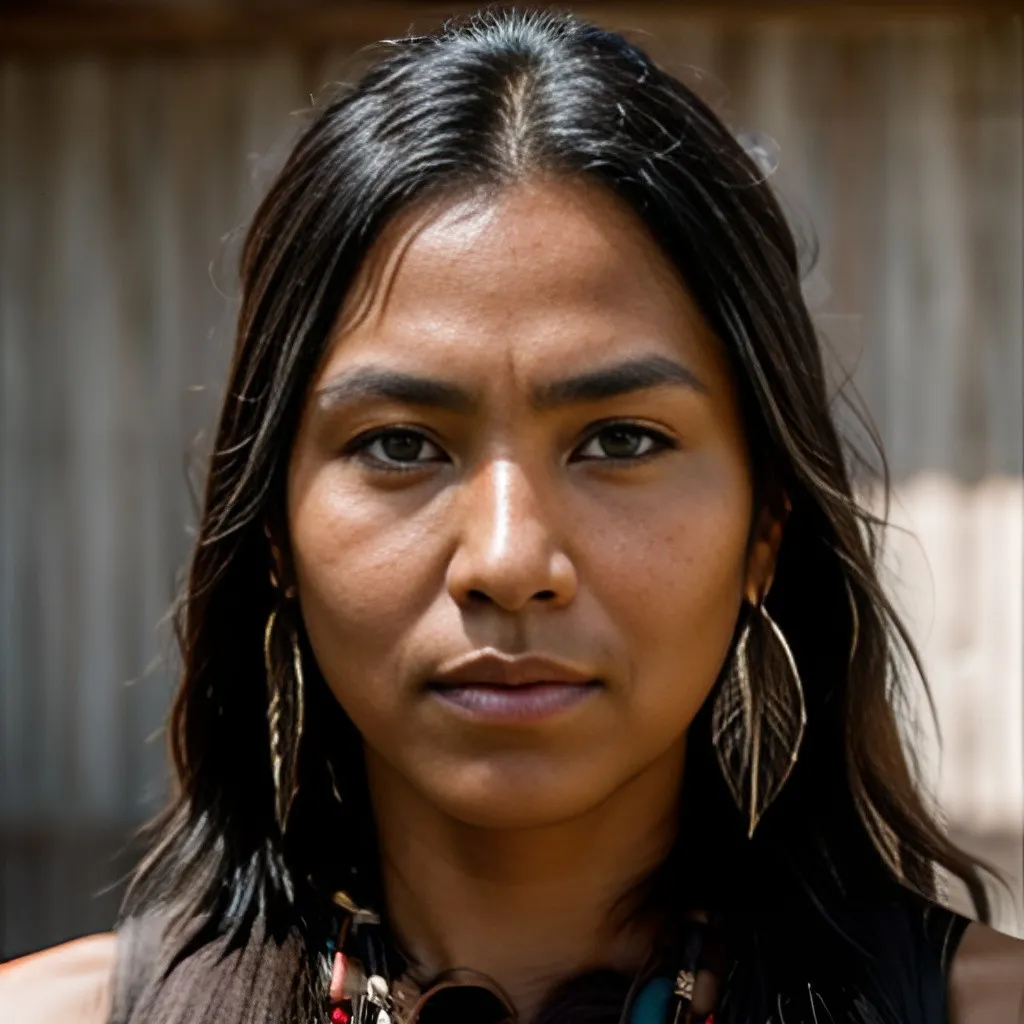 Prompt: photo realistic portrait of native American outlaw, centered in frame, facing camera, symmetrical face, ideal human, 85mm lens,f8, photography, ultra details, natural light, light background, photo, Studio lighting