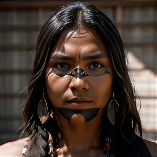 Prompt: photo realistic portrait of native American outlaw, centered in frame, facing camera, symmetrical face, ideal human, 85mm lens,f8, photography, ultra details, natural light, light background, photo, Studio lighting