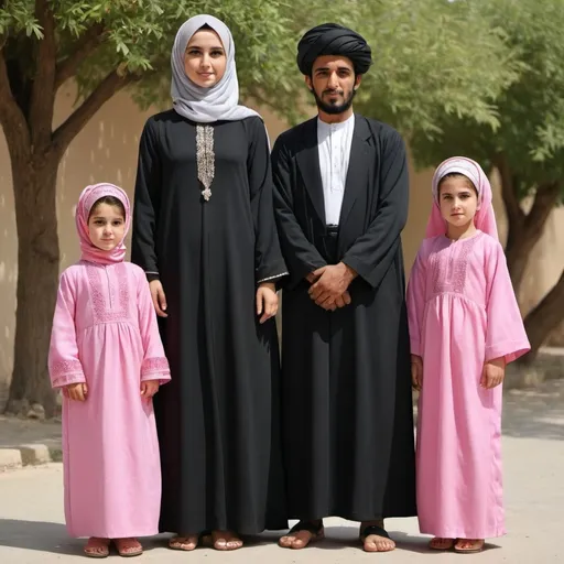 Prompt: A 32-year-old Sayyid student in an abaya, robe, and turban, stands next to his wife and two daughters, aged six and three. His wife and children are dressed in elegant and beautiful clothes.
