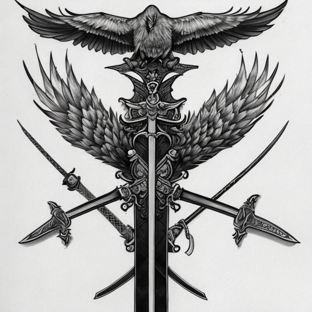 Prompt:  Drawing of a tattoo of a sword with crow attributes 