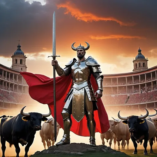 Prompt: *"Epic fantasy scene showing Viriato, the legendary Lusitanian leader, standing tall and heroic with a glowing sword, towering over a group of fierce San Fermín bulls. The background is a dramatic sunset over the medieval city of Pamplona, with storm clouds gathering, symbolizing an epic battle. Viriato is depicted in ancient armor with a flowing cape, his expression fearless and determined. The bulls, powerful and menacing, appear to be subdued by his presence. The atmosphere is intense and vibrant, with dynamic lighting and strong contrasts, capturing the essence of a legendary confrontation. In the distance, the silhouettes of the stadium and the flags of Osasuna and Zamora C.F. can be seen, adding a touch of modernity to the ancient setting.**"

