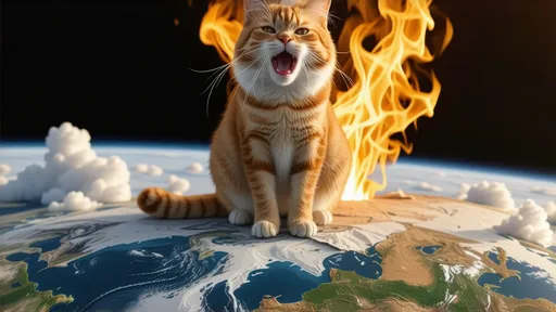 Prompt: A raging while crying cat with fire elemental power sitting on top of the world seeing his owner not moving