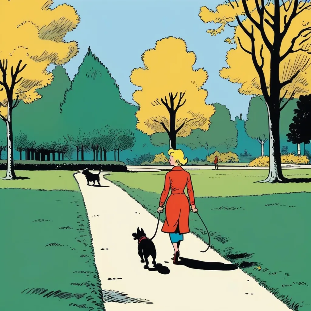 Prompt: woman walking with her dog in a park, 2d comic book panel, in the style of Tintin by Hergé