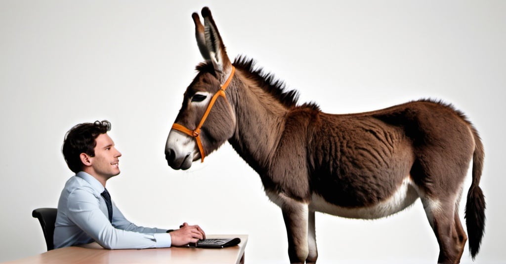 Prompt: A donkey with human body setting on a desk