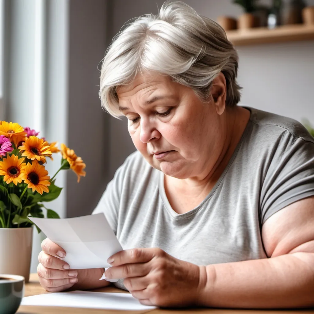 Prompt: generate a picture of an overweight older woman looking at a piece of paper, flowers and coffee cup in the background