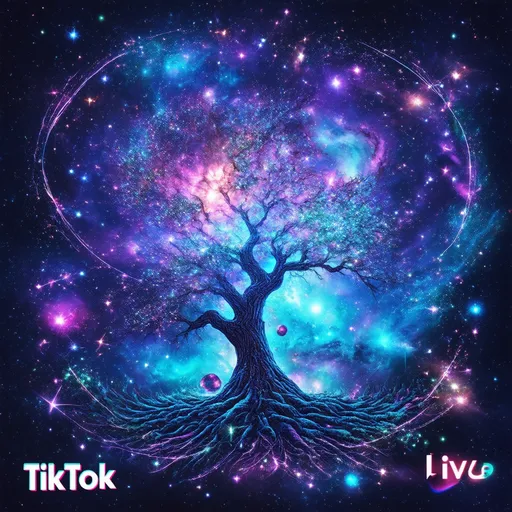 Prompt: Vibrant background image for TikTok live, blending elements of science and atheism, depicting particle physics with intricate designs of subatomic particles, a stunning cosmos filled with galaxies, stars, and nebulae illustrating cosmology, along with motifs of evolutionary biology like the tree of life, smooth transitions between colors, showcasing a rich depth of blue and purple tones, ultra-detailed, capturing an awe-inspiring vibe of discovery and enlightenment.