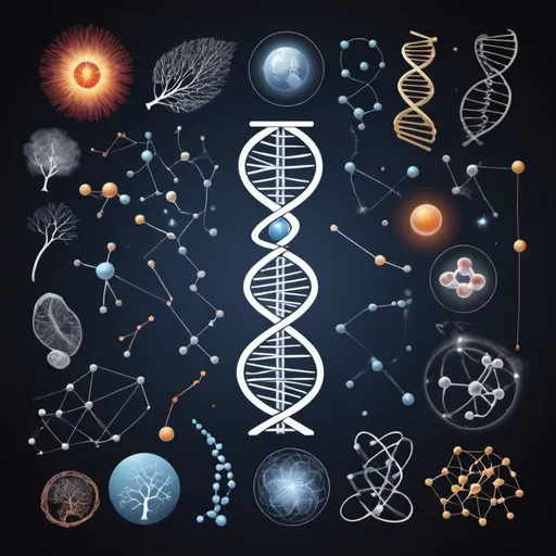 Prompt: Generate an image representing my passion for particle physics and evolutionary science. Include elements such as DNA strands, particles like electrons and protons, and symbols of evolution like evolutionary trees or fossils. The image should convey a sense of curiosity, exploration, and wonder.