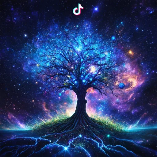 Prompt: Vibrant background image for TikTok live, blending elements of science and atheism, depicting particle physics with intricate designs of subatomic particles, a stunning cosmos filled with galaxies, stars, and nebulae illustrating cosmology, along with motifs of evolutionary biology like the tree of life, smooth transitions between colors, showcasing a rich depth of blue and purple tones, ultra-detailed, capturing an awe-inspiring vibe of discovery and enlightenment.