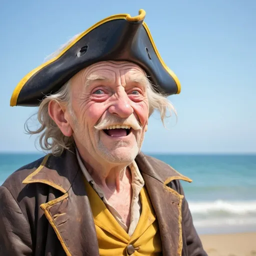 Prompt: A very old man dressed as a pirate, an old overcoat and tatty pirate hat, skin is old and wrinkled looking like leather, his eyes wide and popping with excitement, his mouth wide with a smile showing yellow crooked teeth. Standing side on pointing out to sea