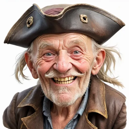 Prompt: A very old man dressed as a pirate, an old overcoat and tatty pirate hat, skin is old and wrinkled looking like leather, his eyes wide and popping with excitement, his mouth wide with a smile showing yellow crooked teeth.