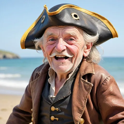 Prompt: A very old man dressed as a pirate, an old overcoat and tatty pirate hat, skin is old and wrinkled looking like leather, his eyes wide and popping with excitement, his mouth wide with a smile showing yellow crooked teeth. Standing side on pointing out to sea