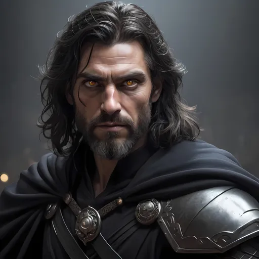 Prompt: A warrior. He has a full black, light, flexible clothes. He has very long hair and he has a nice beard. He has a black cloak or a cape that is very long. His eyes are bright yellow. The Knight's fully black hair is wavy. He keeps his sword in its sheate. He is stoic and he is posed as such. His skin is a little dark. The skin around his bright, magically shining yellow eyes, is darker. He is quite handsome and he around forty to fifty years old. Full body pose. He is a stoic character who has a sense of humour. His hair is loose. FRP art style. 