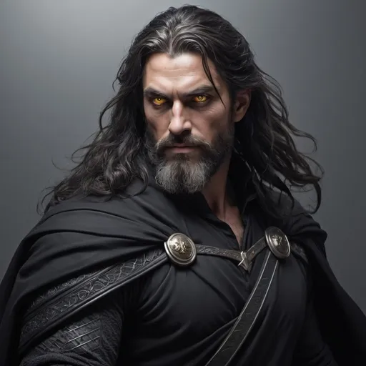 Prompt: A warrior. He has a full black, light, flexible clothes. He has very long hair and he has a full beard. He has a black cloak or a cape that is very long. His eyes are bright yellow. The Knight's fully black hair is wavy. He keeps his sword in its sheate. He is stoic and he is posed as such. His skin is a little dark. The skin around his bright, magically shining yellow eyes, is darker. He is quite handsome and he around forty to fifty years old. Full body pose. He is a stoic character who has a sense of humour. His hair is loose. FRP art style. 