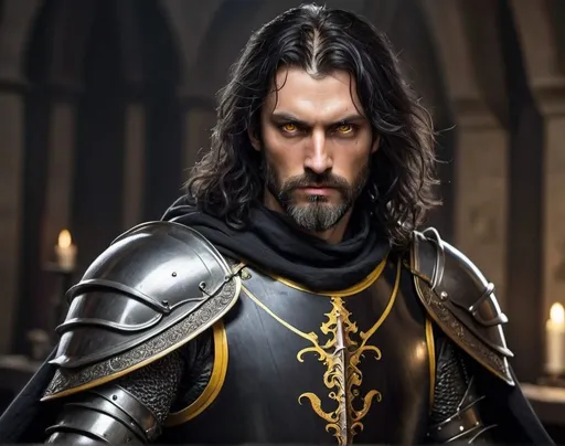 Prompt: A knight with no Helmet. He has a full black armor. He has very long hair and he has a full beard. He has a black cloak or a cape that is very long. His eyes are bright yellow. He has a longsword which is also all black with engravings on it and it has cut marks indicating that it survived many battles. The Knight's fully black hair is wavy. He keeps his sword in its sheate which is on his belly. He is stoic and he is posed as such. His skin is a little dark. The skin around his bright yellow eyes is darker. He is quite handsome and he around forty to fifty years old. Show his whole body. No other colours on his armour than black.
