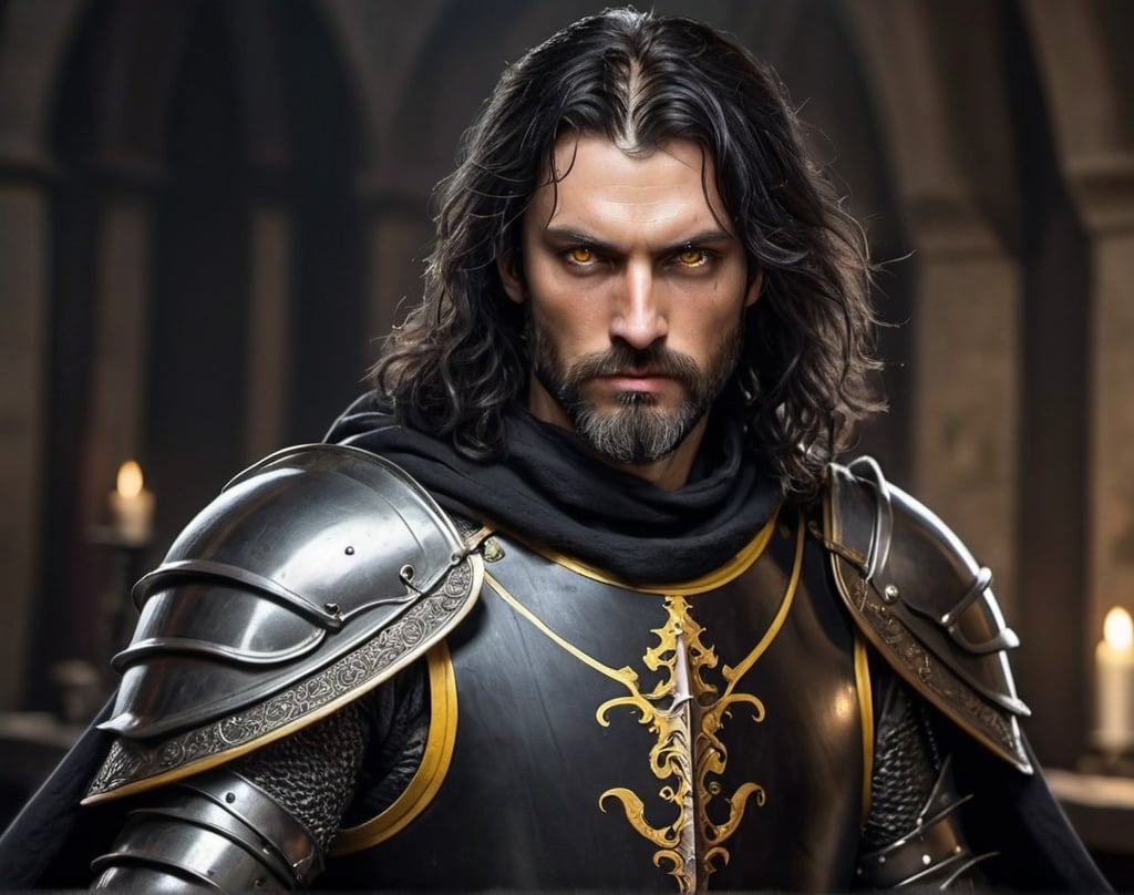 Prompt: A knight with no Helmet. He has a full black armor. He has very long hair and he has a full beard. He has a black cloak or a cape that is very long. His eyes are bright yellow. He has a longsword which is also all black with engravings on it and it has cut marks indicating that it survived many battles. The Knight's fully black hair is wavy. He keeps his sword in its sheate which is on his belly. He is stoic and he is posed as such. His skin is a little dark. The skin around his bright yellow eyes is darker. He is quite handsome and he around forty to fifty years old. Show his whole body. No other colours on his armour than black.