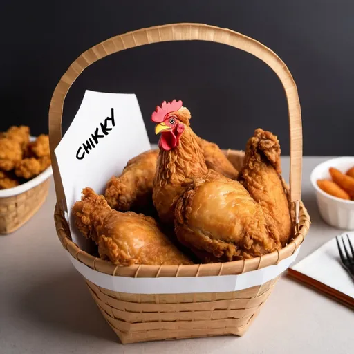 Prompt: A paper basket with fried chicken inside and chikky write on the basket


