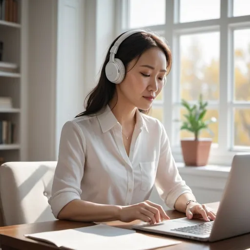 Prompt: A female teacher in a Mongolian white shirt is teaching and white headphones an online lesson at a white table on a laptop in a modern, elegant white house room with sunlight streaming in from a large window.