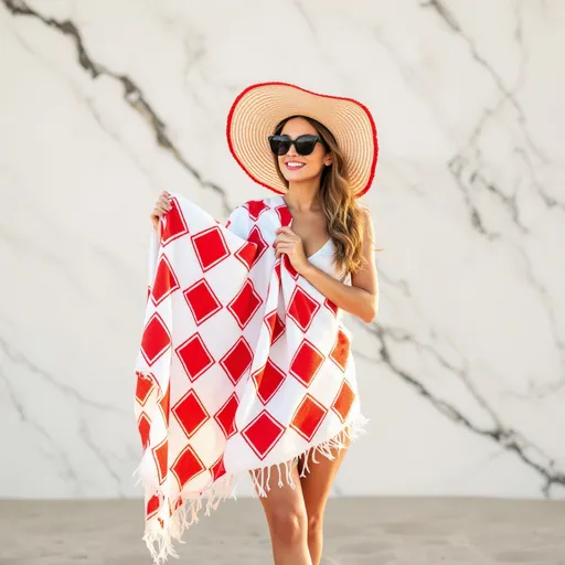 Prompt: a woman in the beach holding towel. A beautifully patterned towel, adorned with a series of red diamonds set against a contrasting white section, hangs gracefully against a backdrop of polished marble. The towel's intricate design draws the eye, showcasing its vibrant colors and textured fabric that subtly reflect the room's soft lighting. The smooth, veined marble surface complements the towel's aesthetic, enhancing the overall elegance of the space. With its fringed ends gently cascading downward, the towel adds a touch of warmth and functionality to this sophisticated setting, evoking a sense of relaxation and comfort. The combination of materials and colors creates a harmonious visual narrative, perfect for a serene bathroom or spa environment.