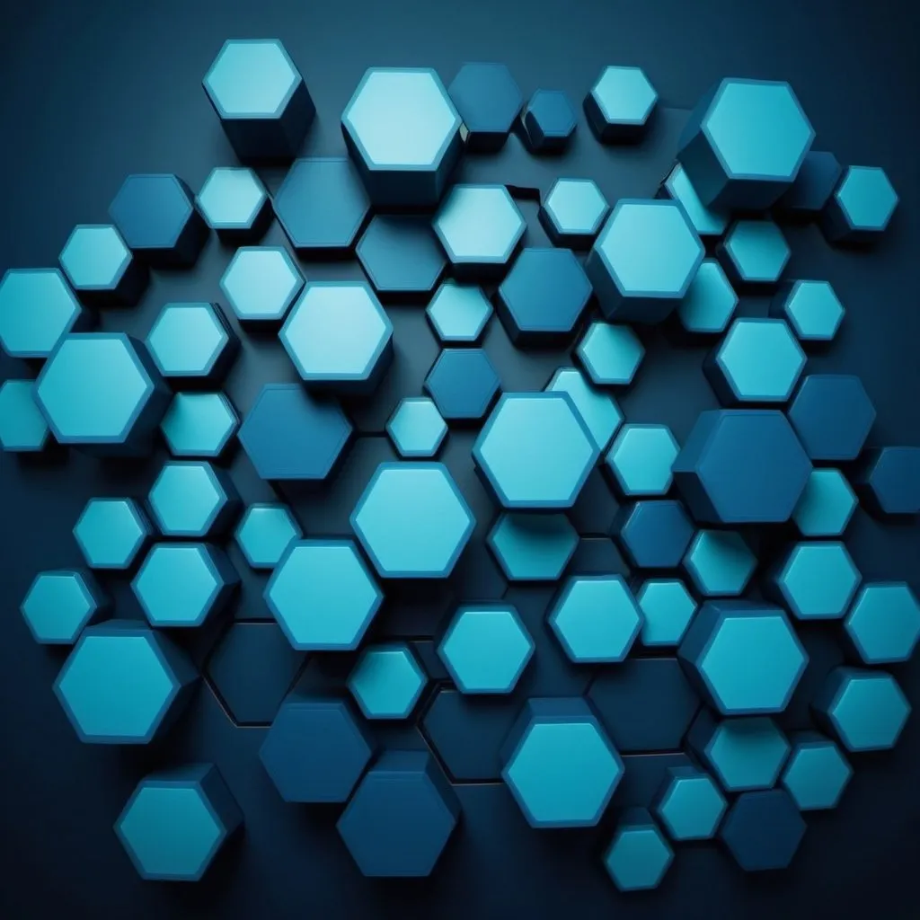 Prompt: Create abstract image that uses the hexagons in stylised manner and brings in elements of connecting and people learning. blue colours. less details. 
