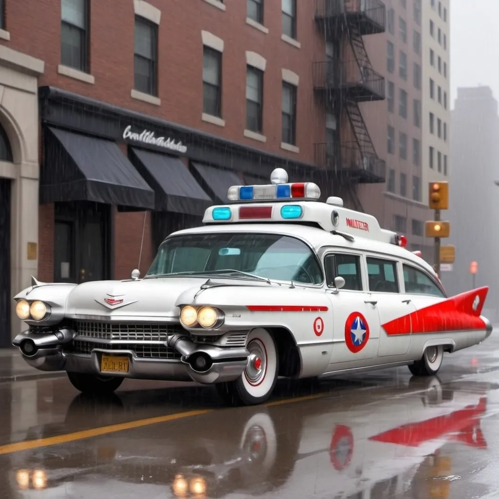 Prompt: "Create a scene of a 1959 Cadillac Miller-Meteor Sentinel Ambulance, with a broken bat symbol akin to the Ghostbusters logo on the side of the car, and the car is wrapped in an American flag style wrap, parked on a rain-soaked city street. From the side”