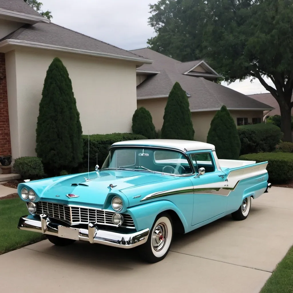 Prompt: 1957 Ford Ranchero fully restored in Robin Eggs Blue with white accents.